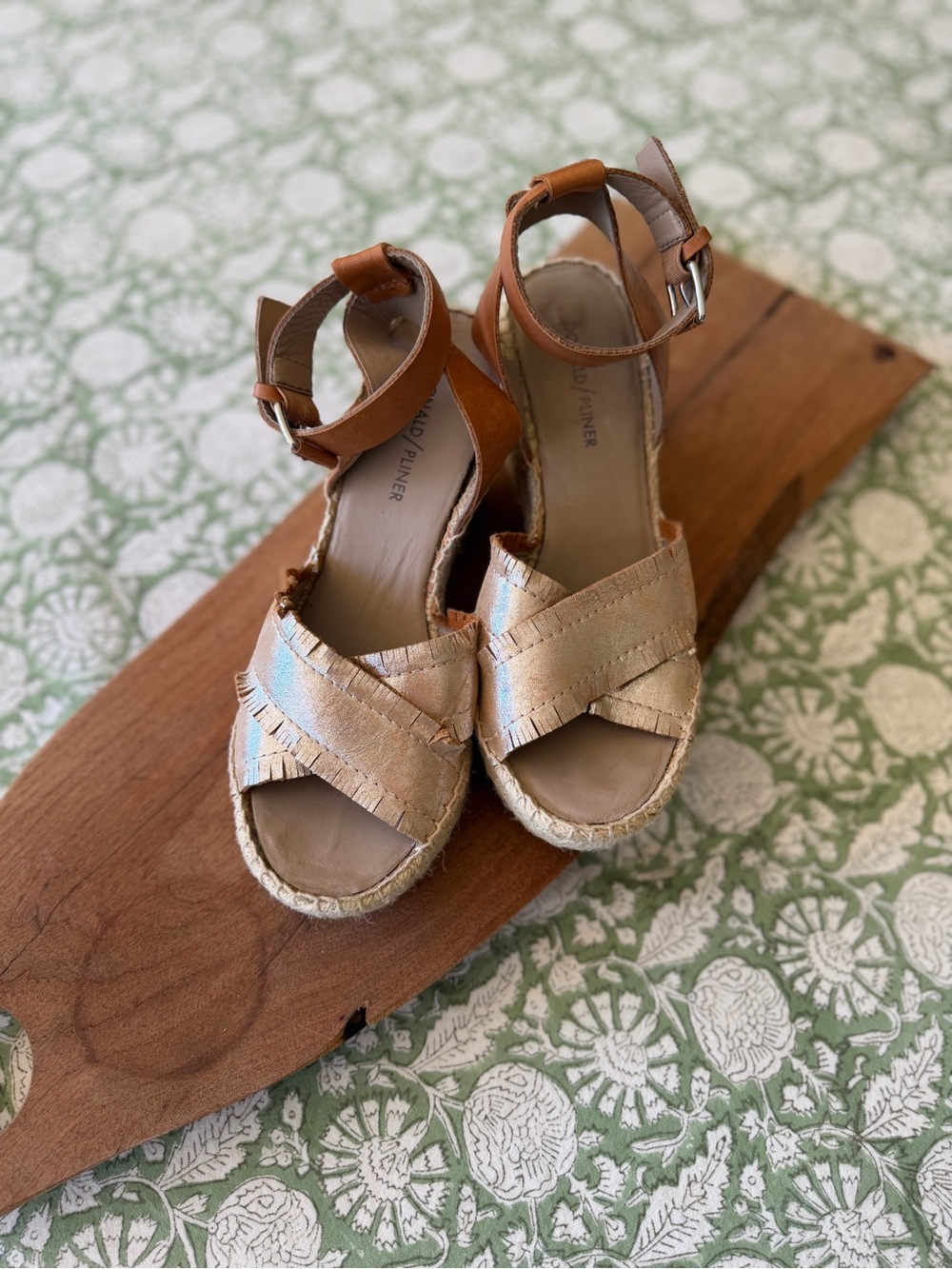 Donald J. Pliner Metallic Tan Wedge Espadrilles with Brown Ankle Straps